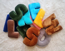 Load image into Gallery viewer, Velvet Letter Pillow (Wide), Kids Alphabet Letter Decor, Nursery Monogram Pillow, Letter Cushion, Child Gift, Teen Gift, Kids Room Decor