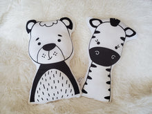 Load image into Gallery viewer, Monochrome Animal Pillow,  Black White Nursery Decor, Gender Neutral Baby Gift
