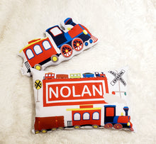 Load image into Gallery viewer, Train Decorative Kids Pillow, Train Sleep Toddler Name Pillow, PERSONALIZED Toddler Sleep Pillow, Boys Room Decor