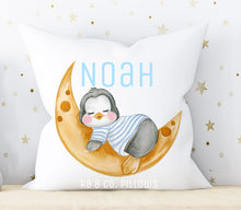 Load image into Gallery viewer, Penguin Pillow Children's Kids Nursery Room Decor Includes Pillow Cover and Insert 16x16 Your Child's Name Cushion