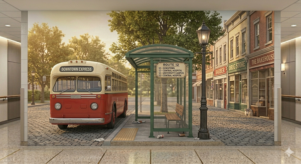 Bus Stop Senior Care Hallway Mural, Reminiscence & Exit Diversion Wall Wrap, LTC & Memory Care Décor, 6×8 ft or 8×10 ft (Copy)
