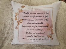 Load image into Gallery viewer, Christian Scripture Pillow, Phil 4:8 Quote Pillow, Decorative Cushion, Accent Pillow