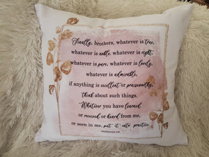 Christian Scripture Pillow, Phil 4:8 Quote Pillow, Decorative Cushion, Accent Pillow