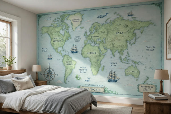 Vintage World Map Wallpaper Panels | Neutral Antique Map | Peel and Stick | Kids Bedroom | Explorer Décor