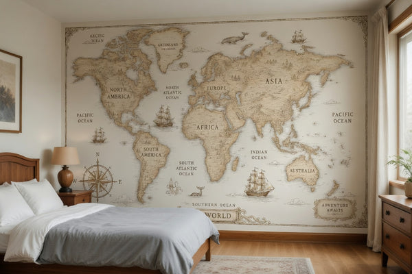 Vintage World Map Wallpaper Panels | Neutral Antique Map | Peel and Stick | Kids Bedroom | Explorer Décor