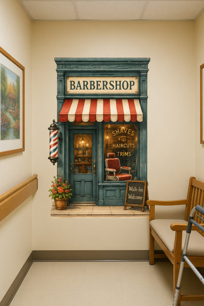 Barbershop Wall Mural | Dementia Alzheimer's Decor| Memory Care Reminiscence Decor | Senior Living Storefront Decal