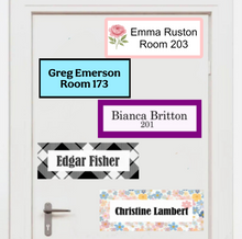 Load image into Gallery viewer, Fabric Door Nameplate Decal for Senior Homes &amp; Assisted Living, Personalized Removable Room Sign, Large Print, Repositionable Door Label, Soft Matte