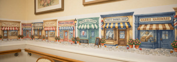 Vintage Storefront Wall Border | Reminiscence Therapy Decor for Memory Care & Senior Living | Soda Fountain Barbershop Mural | Dementia-Friendly Hallway Decal - RB & Co. Pillows
