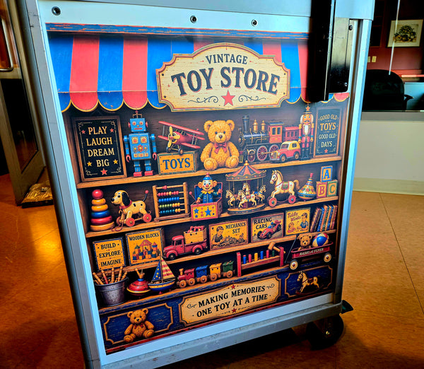 Vintage Storefront Med Cart Wrap | Reminiscence Therapy Decal for LTC & Senior Memory Care | Custom Sizes