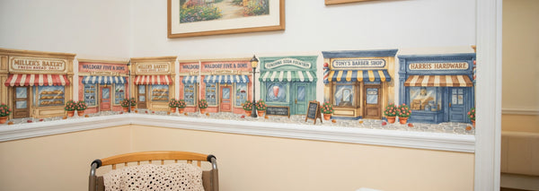 Vintage Storefront Wall Border | Reminiscence Therapy Decor for Memory Care & Senior Living | Soda Fountain Barbershop Mural | Dementia-Friendly Hallway Decal - RB & Co. Pillows
