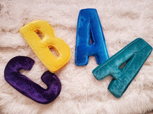 Load image into Gallery viewer, Velvet Letter Pillow, Kids Alphabet Letter Decor, Nursery Monogram Pillow, Letter Cushion, Child Gift, Teen Gift, Kids Room Decor