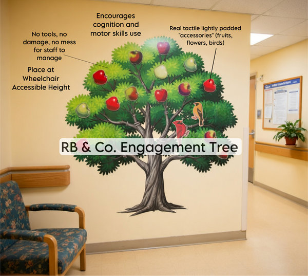 Interactive Sensory Tree Wall Decal for Senior Care & Dementia Activity Stations - Senior Engagement Wall, Interactive Tree Decal & Fabric Accessory Kit - RB & Co. Pillows