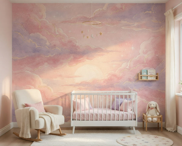 Pastel Cloud Wall Mural Nursery Girl | Pink Lavender Watercolor Sky | Peel and Stick Removable Wallpaper | Baby Girl Room Décor | Whimsical Dream Nursery Accent Wall - RB & Co. Pillows