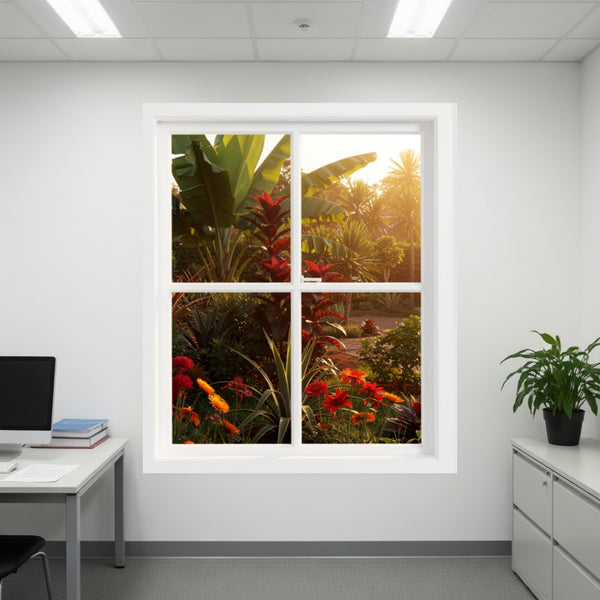 Faux Window Wall Decal for Memory Care — Tropical Garden Scene, Therapeutic Nature View, LTC Hallway Décor