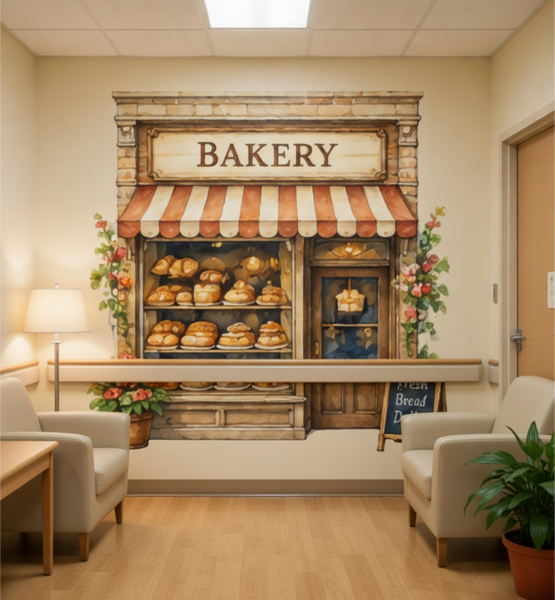 Bakery Wall Mural | Dementia Alzheimer's Friendly Decor | Memory Care Vintage Storefront, Wallpaper Senior Living