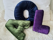 Load image into Gallery viewer, Velvet Letter Pillow, Kids Alphabet Letter Decor, Nursery Monogram Pillow, Letter Cushion, Child Gift, Teen Gift, Kids Room Decor