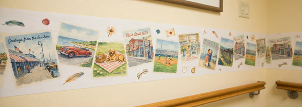 Vintage Postcard Wall Border | Main Street USA Reminiscence Decal | Memory Care Hallway Decor | Nostalgic Keepsake Mural for Senior Living & Dementia Care