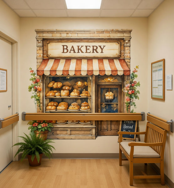 Bakery Wall Mural | Dementia Alzheimer's Friendly Decor | Memory Care Vintage Storefront, Wallpaper Senior Living