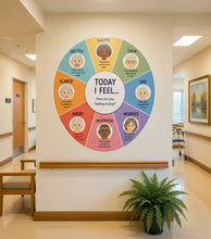 Load image into Gallery viewer, Feelings Wheel Decal | Emotions Engagement Station for Senior Living &amp; Memory Care | Feelings Check-In Wall Art with Activity Card