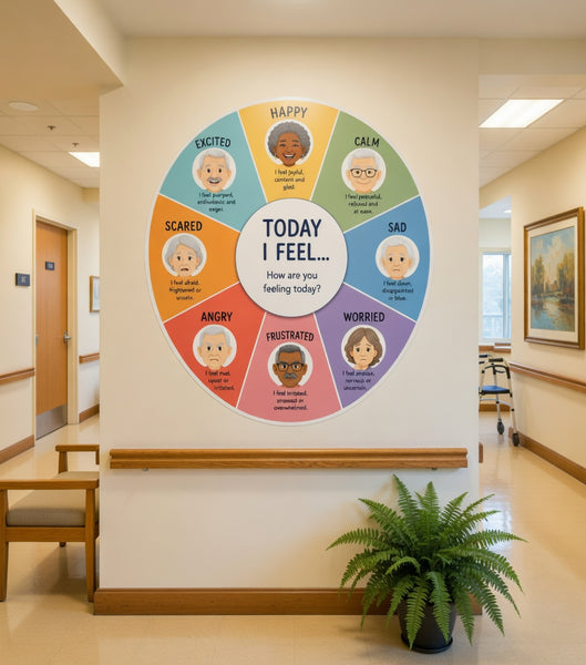 Feelings Wheel Decal | Emotions Engagement Station for Senior Living & Memory Care | Feelings Check-In Wall Art with Activity Card