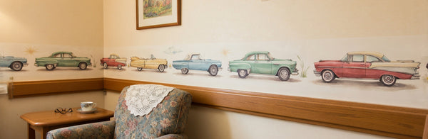 Classic Car Wall Border | 1950s Vintage Auto Reminiscence Decal | Memory Care & Senior Living Hallway Mural | Dementia-Friendly Decor for Men's Activity Spaces