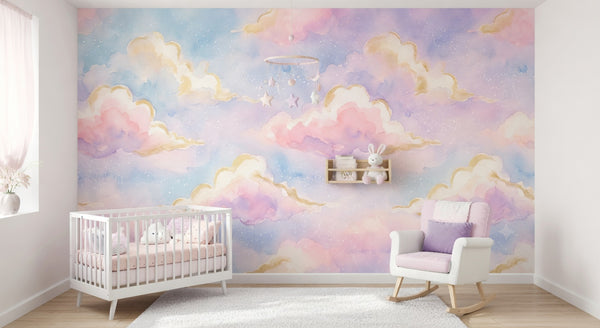 Pastel Cloud Wall Mural Nursery Girl | Pink Lavender Watercolor Sky | Peel and Stick Removable Wallpaper | Baby Girl Room Décor | Whimsical Dream Nursery Accent Wall - RB & Co. Pillows