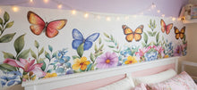 Load image into Gallery viewer, Butterfly Garden Wall Border | Watercolor Floral Nursery Decal | Kids Bedroom Wallpaper Border | Peel &amp; Stick Removable