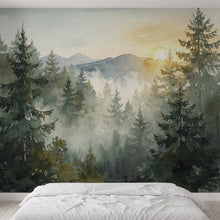 Load image into Gallery viewer, Evergreen Forest Wall Mural Panels | Peel and Stick | Watercolor Pine Trees | Bedroom Accent Wall | Nature Mural | Removable |