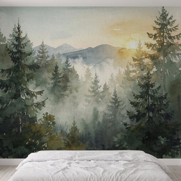 Evergreen Forest Wall Mural Panels | Peel and Stick | Watercolor Pine Trees | Bedroom Accent Wall | Nature Mural | Removable |