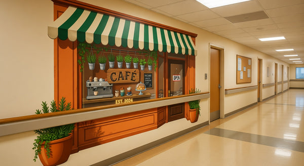 Corner Café Hallway Mural | Reminiscence Therapy Wall Wrap | LTC & Memory Care Décor | 6×8 ft or 8×10 ft