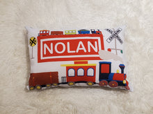 Load image into Gallery viewer, Train Decorative Kids Pillow, Train Sleep Toddler Name Pillow, PERSONALIZED Toddler Sleep Pillow, Boys Room Decor