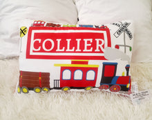 Load image into Gallery viewer, Train Decorative Kids Pillow, Train Sleep Toddler Name Pillow, PERSONALIZED Toddler Sleep Pillow, Boys Room Decor