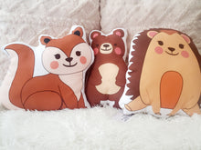 Load image into Gallery viewer, Hedgehog Pillow, Woodland Animal Plush Decor, Decorative Pillows, Kids Room Decor, Woodland Nursery Decor,  Bear Woodland Animal Pillows
