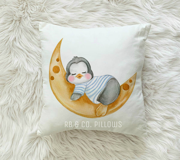 Penguin Pillow Children's Kids Nursery Room Decor Includes Pillow Cover and Insert 16x16 Your Child's Name Cushion