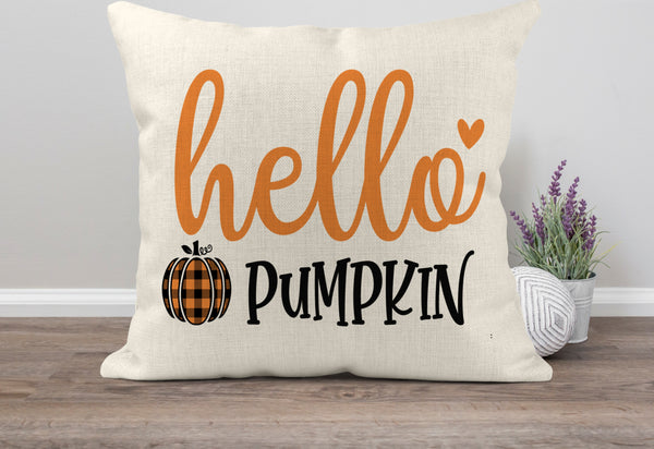 Hello Pumpkin Decorative Throw Pillow Cushion 18x18 Linen Cover + Insert