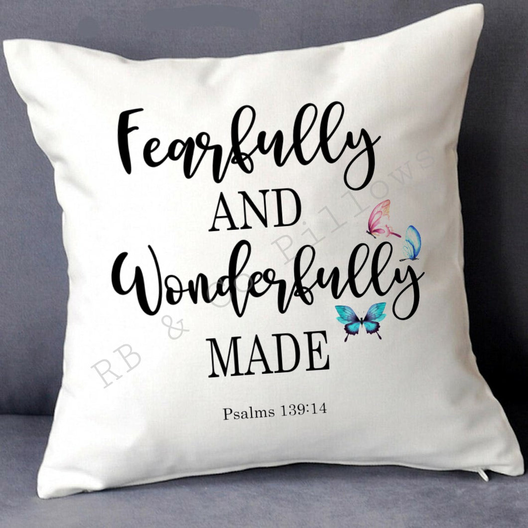 You Are Fearfully and Wonderfully Made Scripture Inspirational Motivational Pillow Cushion Quote Pillow 16x16 Christian COVER + INSERT