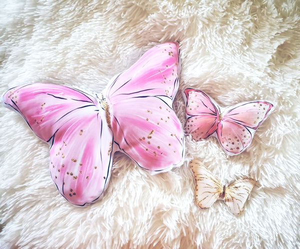 Pink Gold Butterfly Pillow, Set of 3, Kids Room Decor, Teen Room Decor, Butterfly Gift, Wall Decor