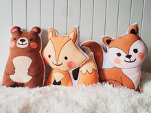 Load image into Gallery viewer, Woodland Animal Set of Decorative Pillows, Plush Animal Toy, Kids Room Decor, Woodland Nursery Decor, Woodland Animal Pillows