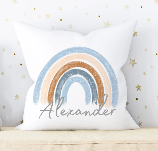 Personalized Name Boho Rainbow Pillow Blue Nursery Decor Includes Pillow Cover and Insert 16x16 Your Child's Name Cushion