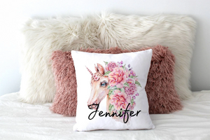 Personalized Unicorn Throw Pillow, Floral Unicorn Cushion, Unicorn Decor,