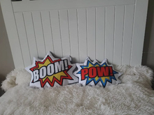Load image into Gallery viewer, Comic Superhero Pillow, Toddler Boy Pillow, Kids Room Decor, Boys Decor Cushion