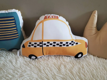Load image into Gallery viewer, Vintage Taxi Cab Car Throw Pillow, Taxi Car Nursery Decor, Kids Car Plush Toy, Yellow Car Room Decor