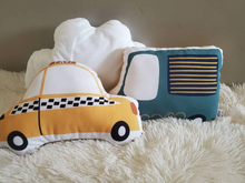 Load image into Gallery viewer, Vintage Bus Van Throw Pillow, Van Bus Nursery Decor, Kids Car Plush Toy, Green Car Room Decor